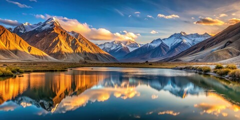 Panoramic view of Kargil valley at sunrise with snow-capped mountains and serene lake in background, Mountain range
