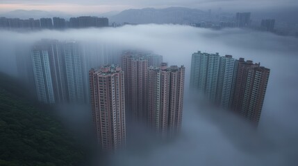 Fototapeta premium Misty Urban Landscape With High Rise Buildings