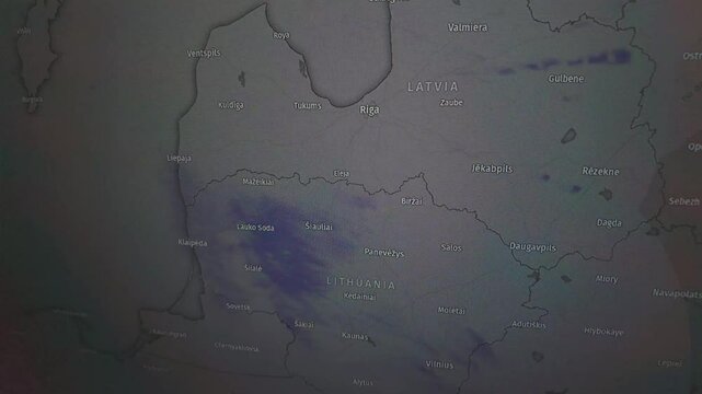 Animated weather radar map of Latvia and Lithuania. Shows precipitation movement across the Baltic countries.