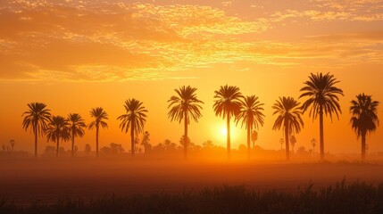 Serene Sunrise Over Palm Trees in a Misty Landscape