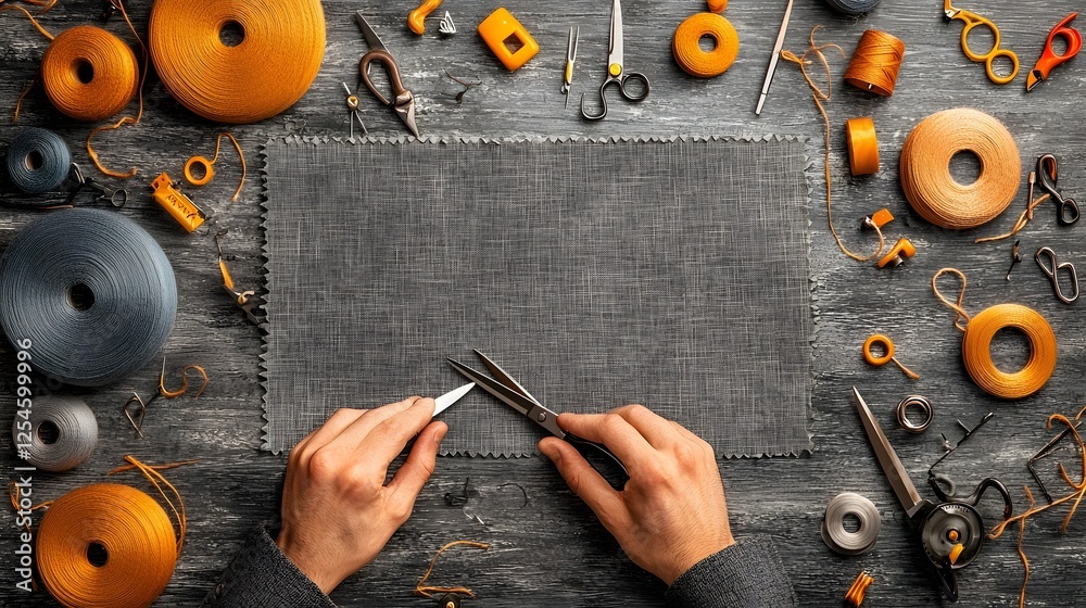 Poster Professional tailoring scissors placed on a colorful fabric pattern showcasing the tools and materials used in the fashion design and sewing industry for creating custom garments and accessories