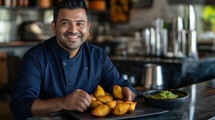 Fototapeta premium Smiling chef sitting at table in restaurant