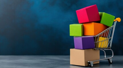 Colorful Packages Overflowing from a Miniature Shopping Cart Against a Dark Blue Background