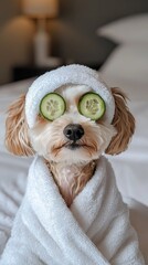 Fluffy puppy wearing a tiny bathrobe, cucumber slices on its eyes, enjoying a spa day digital