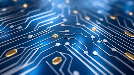 Close up view of intricate circuit board, showing detailed lines and components, in shades of blue and gold. Modern technological design