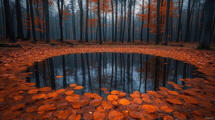 Serene autumn forest scene with a circular pond reflecting vibrant orange leaves and misty trees
