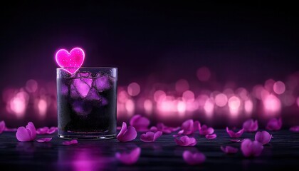 A vibrant cocktail with a heart-shaped garnish surrounded by rose petals against a dark backdrop.