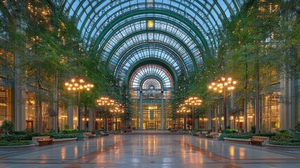 Obraz premium Elegant indoor courtyard, lush greenery, arched glass structure, lit by warm lamps, creating a tranquil atmosphere