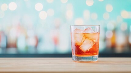 Refreshing cocktail in a glass with ice on a wooden surface, vibrant bar background