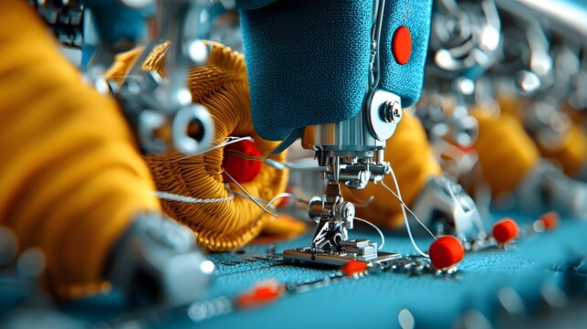 Rows of industrial sewing machines lined up in an orderly fashion inside a modern garment factory showcasing the automated and efficient production process of the textile and clothing industry