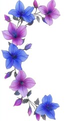 Vibrant floral illustration featuring blue and pink flowers with delicate leaves on a white background