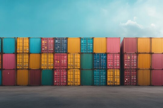 Vibrant shipping containers stacked at a cargo yard under a clear blue sky in the afternoon