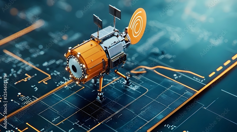 Leinwandbilder satellite in orbit transmitting signals to a gps tracking device installed on a moving vehicle repre