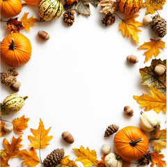autumn harvest frame with pumpkins and fall leaves on white background