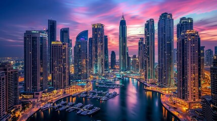 Obraz premium Vibrant City Skyline at Dusk with Colorful Reflections on Water