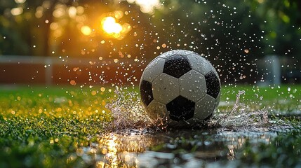 A soccer ball splashes in a puddle on a grassy field during sunset, capturing playful energy