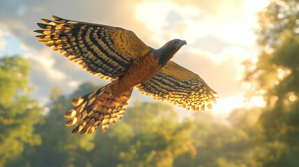 Obraz premium Detailed Pixel Art Hawk Soaring Through Golden Sunlight