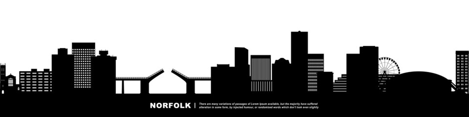 Naklejka premium Panoramic View of Downtown Norfolk Skyline. Norfolk city black silhouette skyscrapers and buildings. Long cityscape.