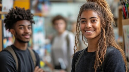 Obraz premium Portrait Of Two Young People Smiling In A Creative Space. Generative AI
