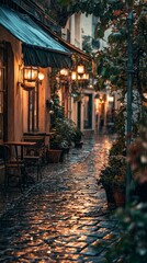 Charming Rainy Alleyway with Lanterns and Cobblestone Pathway