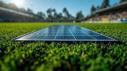 Close-up of solar panels on a vibrant green field with a stadium in the background