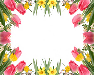 colorful spring flower border frame with pink tulips and yellow daffodils