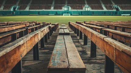Fototapeta premium Empty Wooden Bleachers Facing a Green Soccer Field in Stadium