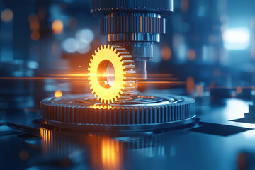 glowing gear is being processed by advanced machinery in high tech industrial setting, showcasing automation and precision engineering