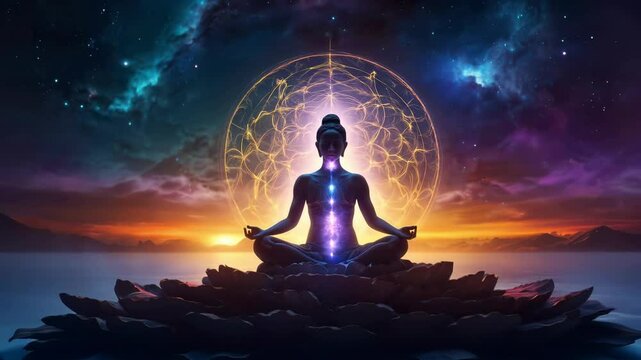 A mystical cinematic animation of a woman meditating in a cosmic landscape