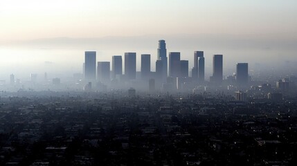 Fototapeta premium A city skyline shrouded in smog, with faint outlines of skyscrapers and polluted air creating a hazy atmosphere