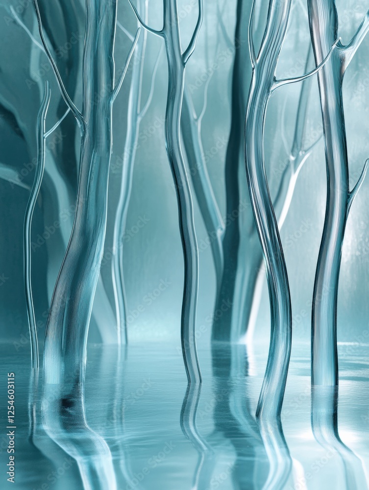 Leinwandbilder glowing reflections in a glass forest with abstract tree shapes during twilight. generative ai