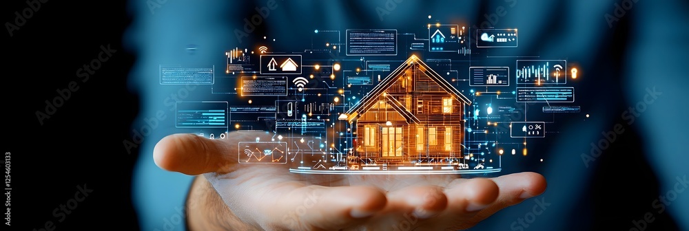 Poster smart home automation dashboard with futuristic digital interface for controlling and monitoring hom