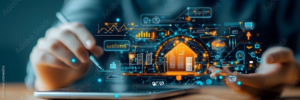 Poster smart home automation dashboard with futuristic digital interface showcasing advanced home automatio
