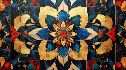 A bold Arabic-inspired background, featuring vibrant geometric patterns and ornate floral designs in contrasting colors like blue, gold, and red