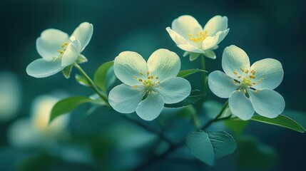 Delicate white flowers blooming on a branch, surrounded by lush green leaves in a serene setting
