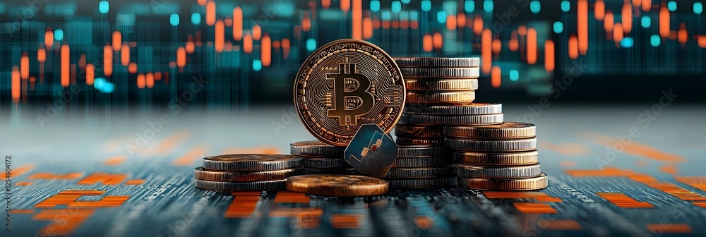 Aufkleber Stack of Golden Cryptocurrency Coins Placed on a Financial Background with Charts Graphs and Data Visualizations Representing Wealth Management Investment Strategies and Digital Asset Growth