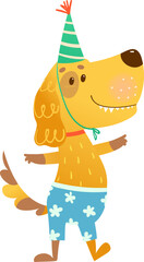 Fun cartoon dog with wearing birthday hat, smiling character for kids. Hand drawn whimsical animal design for children birthday party. Animal character colorful vector clip art illustration for kids