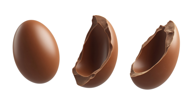 Whole chocolate egg and its parts isolated on transparent background