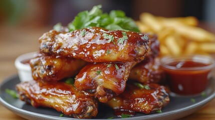 Deliciously glazed chicken wings served with fries and dipping sauce on a rustic wooden table