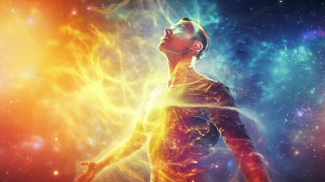 A meditative figure surrounded by vibrant cosmic energy, symbolizing transcendence and spiritual awakening. The colors of the galaxy flow around the silhouette, reflecting peace and connection