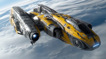 Large futuristic spacecraft, yellow and gray, flying through a cloudy atmosphere, detailed design, technological elements, advanced engine, high