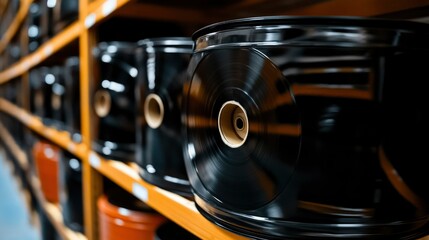 Industrial Black Plastic Rolls on Warehouse Shelves