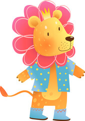 Fun cartoon baby lion wearing clothes, crown and boots. Hand drawn whimsical lion king character, animal graphic design for children party. Fun animal character, vector clip art illustration for kids.