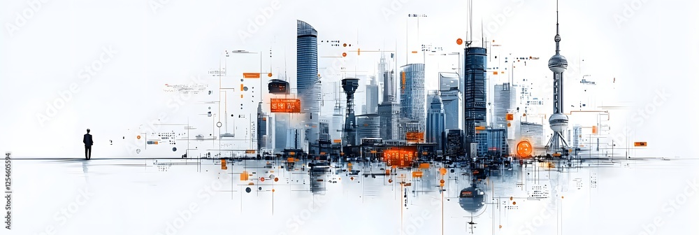 Poster striking hand drawn sketch of a dynamic futuristic city skyline with soaring skyscrapers modern arch