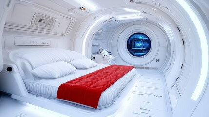 A futuristic white bedroom interior; a bed with a red blanket; circular wall design; and a circular window showcasing technology