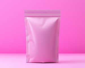 A vivid pink packaging bag stands against a bright pink background, perfect for branding and product display.