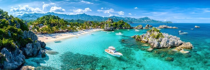 Obraz premium Stunning aerial drone shot of a picturesque tropical island paradise with crystal clear turquoise waters lush palm trees and a serene idyllic coastline