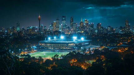 Fototapeta premium Nighttime Aerial View of Stadium with City Skyline in Background