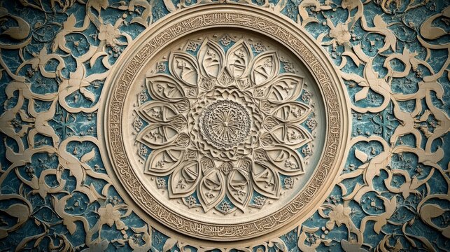 A classic Arabic background with intricate ornamental patterns like swirling arabesques and geometric tile designs, in a muted color scheme