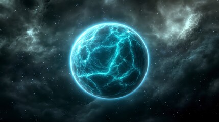 Obraz premium A glowing, stylized planet with light blue energy veins, set against a dark, starry background filled with nebulae and clouds, creating a mystical